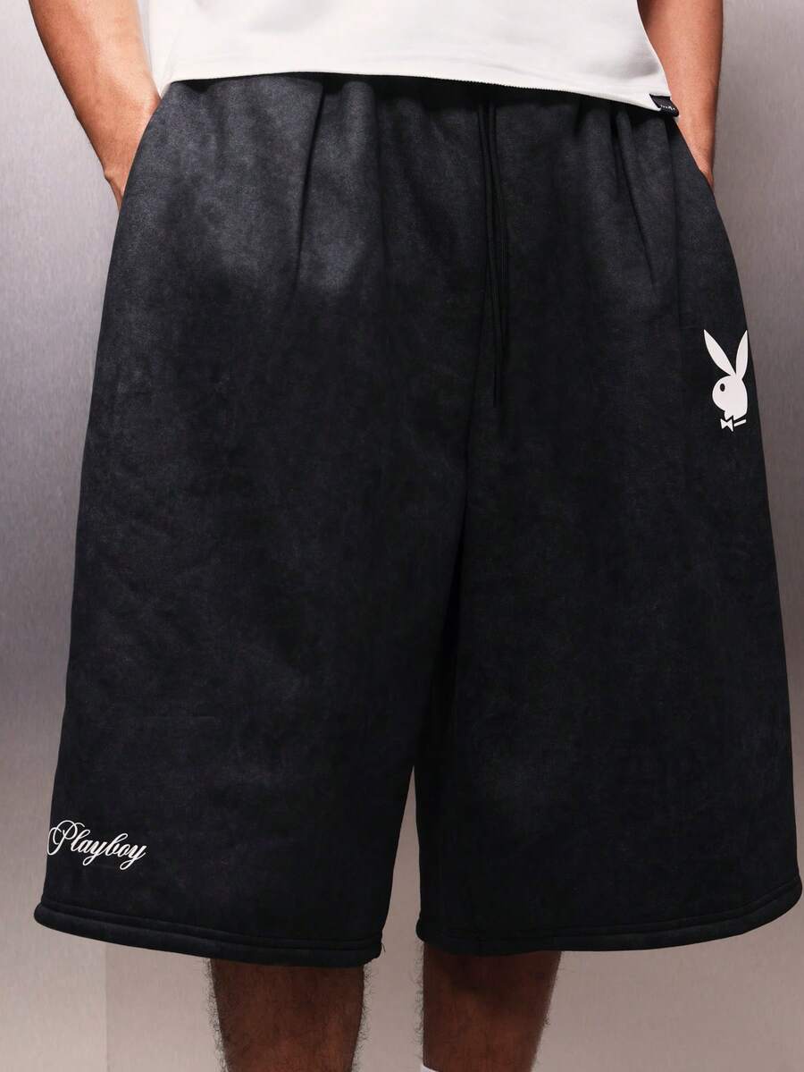PLAYBOY X SUMWON Pantalones cortos de baloncesto y streetwear con cintura con cordón, ajuste holgado y por encima de la rodilla, con logo de conejo - Negro - Ver 1