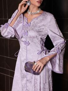 Al Najma Đầm maxi cổ chữ V tay loe thắt nơ bên hông, eo xếp ly, thích hợp cho mùa xuân/hè. - Nhiều màu - Xem 2