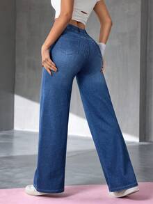 Flexra 女士直筒弹力腰休闲口袋牛仔裤，适合日常穿着 - 深色水洗藍 - 查看 4