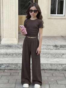 SHEIN Tween Girl Solid Brown Textured Knit Side Ruched Short Sleeve Fitted T-Shirt And Wide Leg Pants Casual 2-Piece Set - Brown - View 11