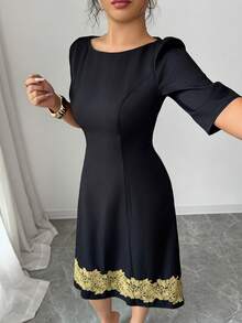 SHEIN ChicEase Women's Black Scoop Neck Floral Lace Patchwork Midi Dress - Black - View 5
