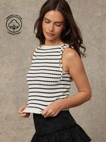 WESTFADE Pulover tricotat cu dungi, crop, cu guler tip barcă și nod, cu umeri legați și guler - Multicolor - Vizualizare 5