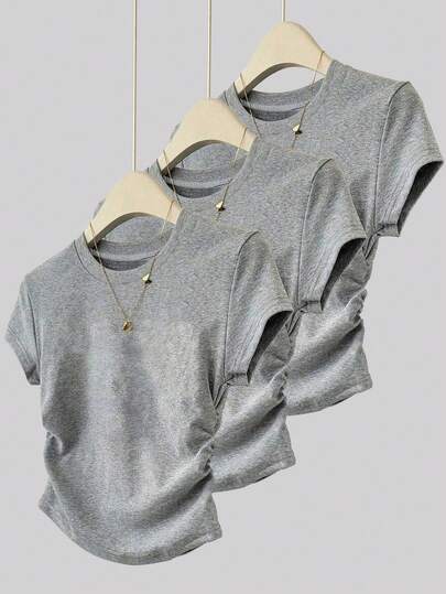 SHEIN 少女三件套服装，休闲纯灰色修身露脐上衣，舒适轻盈，适合春夏穿着，是女孩夏季必备单品，返校必备，儿童时尚基础款，韩式日常穿搭