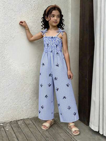 Mono de pierna ancha de ajuste relajado con tirantes de tela texturizada estilo retro bohemio para niñas, con estampado en blanco y negro de tótem, de flujo minimalista y elegante, adecuado para primavera, verano, fiestas, salidas y vacaciones