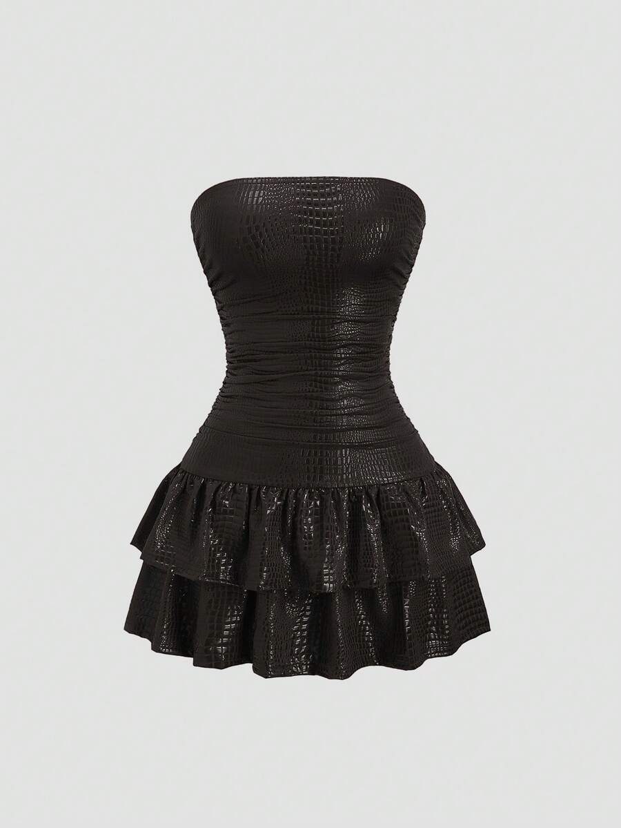 Sweetra Nouvelle robe mini élastique en PU à motif crocodile bordeaux pour femmes, convenant pour le travail, les sorties décontractées, les soirées sexy, les fêtes de rue et les boîtes de nuit. Coupe gâteau, ourlet évasé, taille froncée, sans bretelles. - Marron - Voir 1