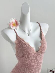 Elamini Women's Lace Patchwork Ruffle V-Neck Fitted Dress - Pink - View 1