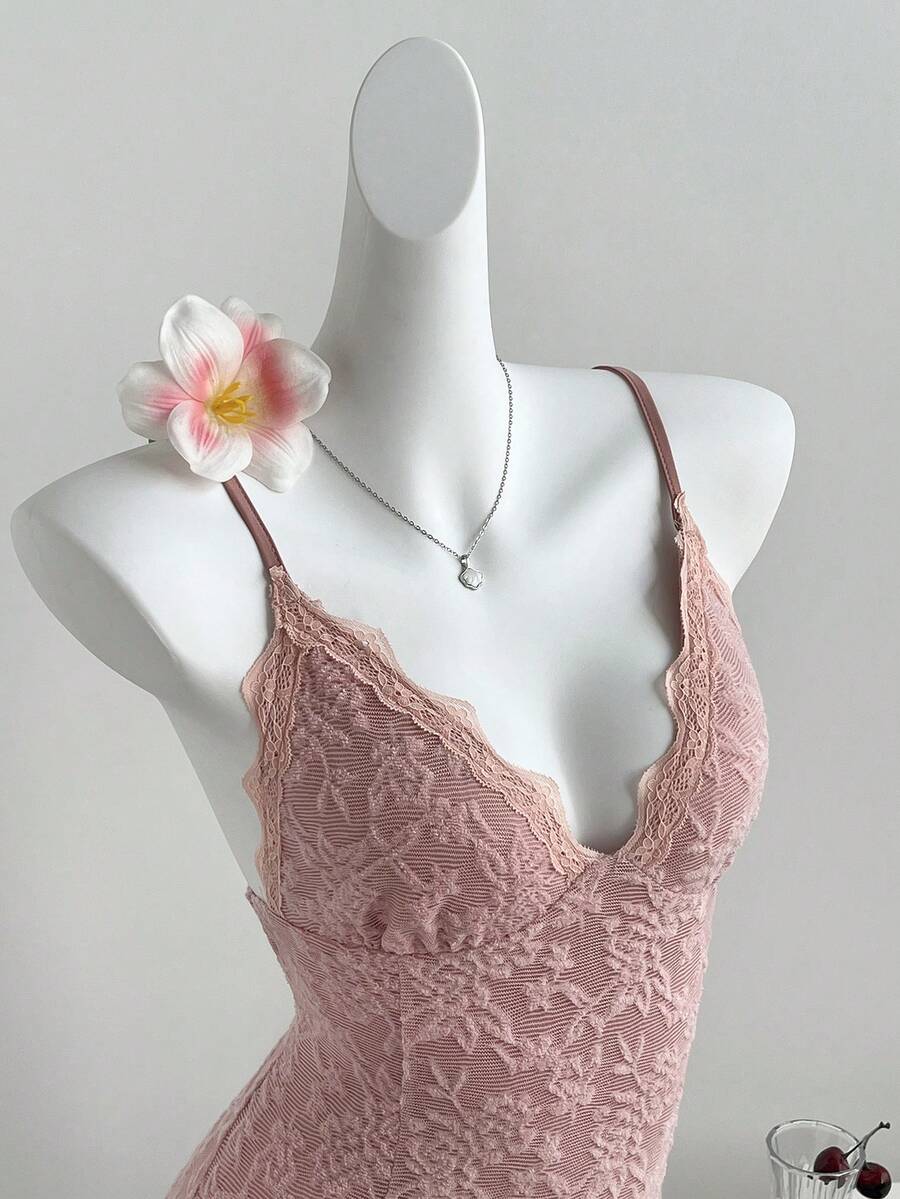 Elamini Women's Lace Patchwork Ruffle V-Neck Fitted Dress - Pink - View 1