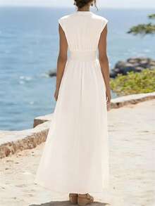 Balvessa Women's Holiday Shell Trim Button Design Waist Contrast Lace Dress - White - View 2