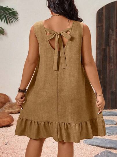 EMERY ROSE Plus Size Women Solid Color Sleeveless Ruched Summer Dress