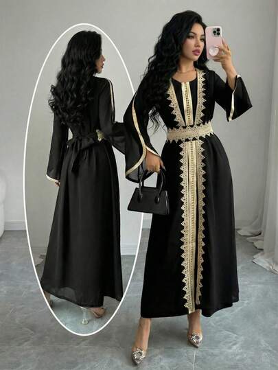 SHEIN Najma Embroidered Decor Long Sleeve Abaya Robe And Sleeveless Dress Elegant Set Long Sleeve Elegant Dress Modest Full Length Jalabiya For Evening Party