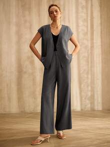 MOTF PREMIUM WOMEN'S BLUE BELTED SLEEVELESS TOP & WIDE LEG JEANS , SPRING/SUMMER DENIM SET - Blue - View 7