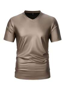 Manfinity Roughcore Men's PU Leather T-Shirt Coffee Brown,Autumn,Chique,Party Solid Color V Neck Short Sleeve Breathable Polyester Fiber Tops For Men - Gold - View 4