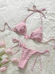 Swim Mod Set Bikini Halter Wanita Warna Pink dengan Detail Bunga dan Bagian Bawah dengan Tali Samping - Berwarna merah muda - View 5