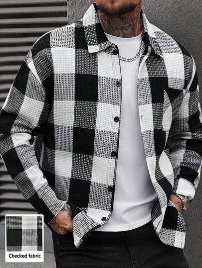 Manfinity CasualCool Herrskjorta med svart och vit rutig långärmad ficka, enkelknäppt, casual, svartvit herrskjorta, långärmad, svartvit herrskjorta med rutig skjorta, herrskjorta med lång ärm, gatukläder, rutig skjorta, gamla pengar, vardagsaktiviteter, weekendresor, utomhusaktiviteter, reseexpeditioner, avslappnade arbetsmiljöer eller semiformella tillfällen, present till pojkvän/make, årsdags-/födelsedagspresent, fest, sommar, nyår, bröllop, alla hjärtans dag