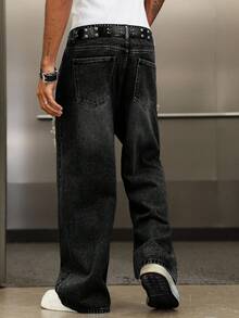 Manfinity EMRG Pantalones anchos de hombre con efecto desgastado, parches y lavado vintage, de moda urbana - Negro - Ver 2