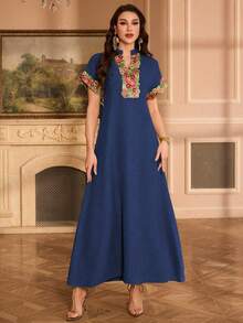 Al Najma Embroidered Collar Floral Raglan Sleeve Stand Collar Elegant Dress - Royal Blue - View 1