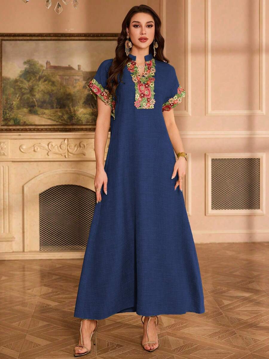 Al Najma Embroidered Collar Floral Raglan Sleeve Stand Collar Elegant Dress - Royal Blue - View 1