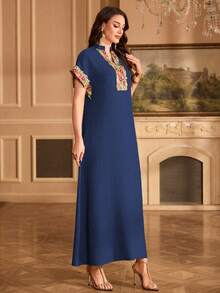 Al Najma Embroidered Collar Floral Raglan Sleeve Stand Collar Elegant Dress - Royal Blue - View 4