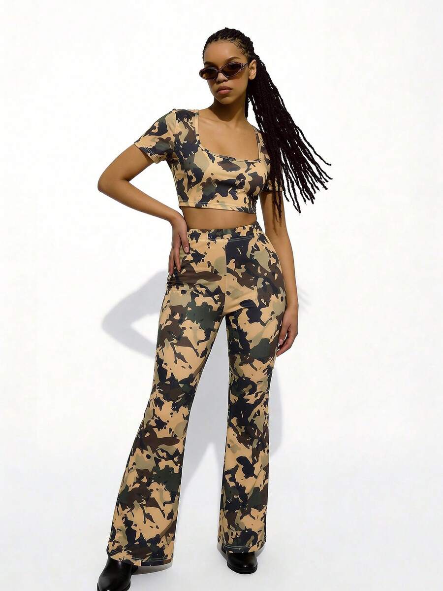 Slouenne Slouenne Women's Sexy Camouflage 2 Pieces Set, Cropped Top And Flared Pants - Army Green - View 1
