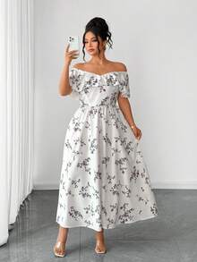 Elenzga Plus Size Elegant Off-Shoulder Ruffle Waist A-Line Dress, Suitable For Party And Summer - White - View 7