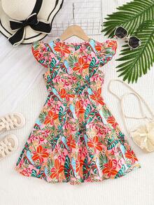 2026夏季新款时尚柔软蓬蓬裙,热带印花荷叶边圆领泡泡袖连衣裙,舒适户外活动连衣裙,适合年轻女孩,多种颜色可选 - 彩色 - 查看 3