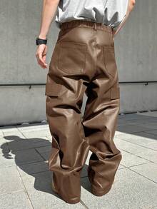 Manfinity EMRG Manfinity加大码男士黑色PU皮革宽松直筒工装裤，时尚百搭，送给男友的绝佳礼物 - 棕色 - 查看 2