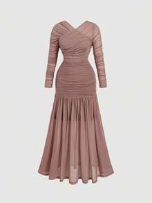 SHEIN MOD Plus Size Women Vintage Dusty Pink Mesh Long Sleeve Maxi Dress,Autumn Elegant Formal Wedding Guest Cocktail Mermaid Gown With Ruched Overlapping Neck - Dusty Pink - View 5