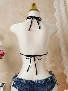 Zestiva Summer Beach Vacation Women Black Base Polka Dot Print Halter Top - Black and White - View 2