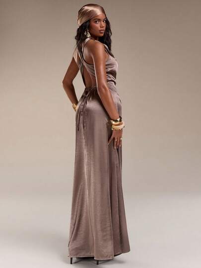 Normani 女士纯色镂空露背系带设计优雅收腰长款派对连衣裙