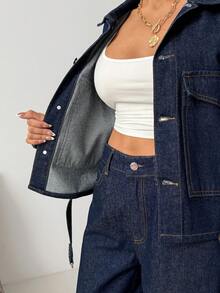 SHEIN Denim Woman Two Pieces Set High Waist Denim Jean And Denim Belted Jacket - Dark Wash - View 3