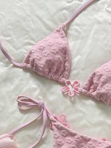 Swim Mod Set Bikini Halter Wanita Warna Pink dengan Detail Bunga dan Bagian Bawah dengan Tali Samping - Berwarna merah muda - View 2