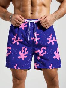 Manfinity Swimmode Men's Drawstring Waist Pockets Casual Versatile Vacation Beach Shorts - Navy Blue - View 4