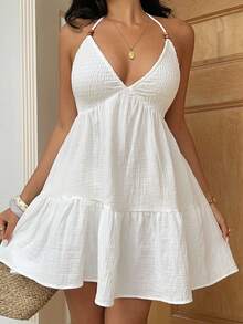 SHEIN SunnyBelle Women's White Cotton Flared Mini Dress, Fashionable Casual Vacation Beach Outfit, Romantic Elegant Daily Wear, Spring/Summer - White - View 7