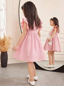 SHEIN Đầm dệt màu trơn thanh lịch cho bé gái, kiểu dáng ôm sát, họa tiết hoa, tay bồng, viền bèo, chất liệu vải dệt, thích hợp cho phong cách thường ngày/nghỉ dưỡng. - Hồng - Xem 2