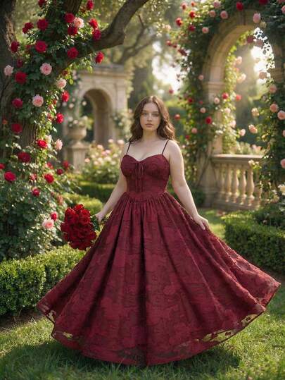 SHEIN MOD Plus Size Burgundy Vintage Elegant Mid-Length Slip Dress, Suitable For Spring/Summer Festivals, Dates And Gatherings.Plus Size Burgundy Lace Dress Spaghetti Straps Sweetheart Neckline Floral Pattern Textured Fabric Elegant Style Flared Skirt Fitted Bodice Maxi Length Sheer Overlay Soft Touch Romantic Look Classic Silhouette Delicate Details Comfortable Wear Sophisticated Design Rich Color