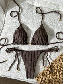 Elavelle Ensemble de bikini en tissu jacquard avec décorations métalliques tressées pour femmes, printemps/été - Tabac - Voir 4