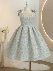 Girls' Woven Textured Jacquard Dress With Bow Waist Design, Elegant And Suitable For Various Occasions In Spring And Summer - Blue - View 2
