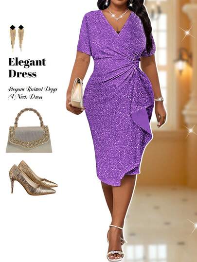 Fleurora Spring And Summer Elegant Purple Elegant Retro Work Wedding Reception Valentine's Day New Year's Party Knitted Depp V Neck Rhinestone Ruffle New Arrival Slim Dress Plus Size Dress Formal Prom Dress Plus Size Purple Dress Summer Dress  Party Dress Es For Party  Wedding Guest Dress For Women Sparkly Dress Plus Size Wrap Dress Elegant Wrap Dress