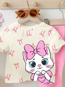 SHEIN 一套女婴休闲可爱蝴蝶结卡通猫印花圆领短袖T恤和喇叭裤套装，粉色 - 彩色 - 查看 4