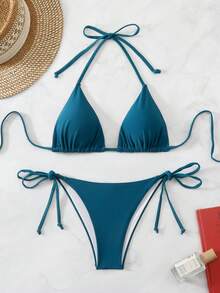 Swim Basics 2pcs Women's Twist Front Cropped Tankini Bikini Set Set Blue Teal Swim - Teal Blue - View 6