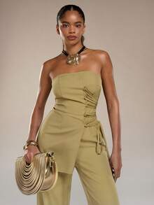 Normani 女士纯色抹胸设计休闲日常连体裤 - 芥末黃 - 查看 4