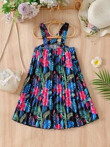 SHEIN 少女热带花卉印花交叉露背吊带连衣裙，时尚海滩度假风，夏季 - 黑色 - 查看 2