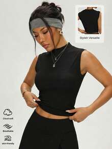 女士黑色高领无袖运动背心修身弹力健身上衣 - 黑色 - 查看 1