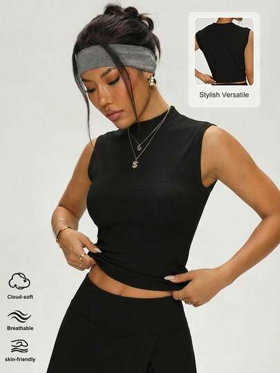 Women's Black Mock Neck Sleeveless Sports Tank Top Slim Stretch Gym Top