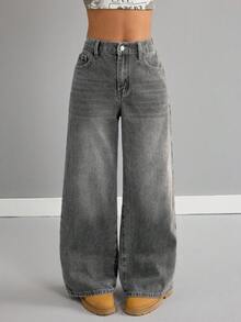 Quần jeans ống rộng cạp thấp màu xanh cổ điển dành cho bé gái tuổi teen - Xám - Xem 4