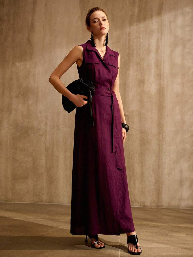 100% RAMIE SLEEVELESS UTILITY POCKET BELTED DRESS, OLD MONEY VINTAGE STYLE, LINEN