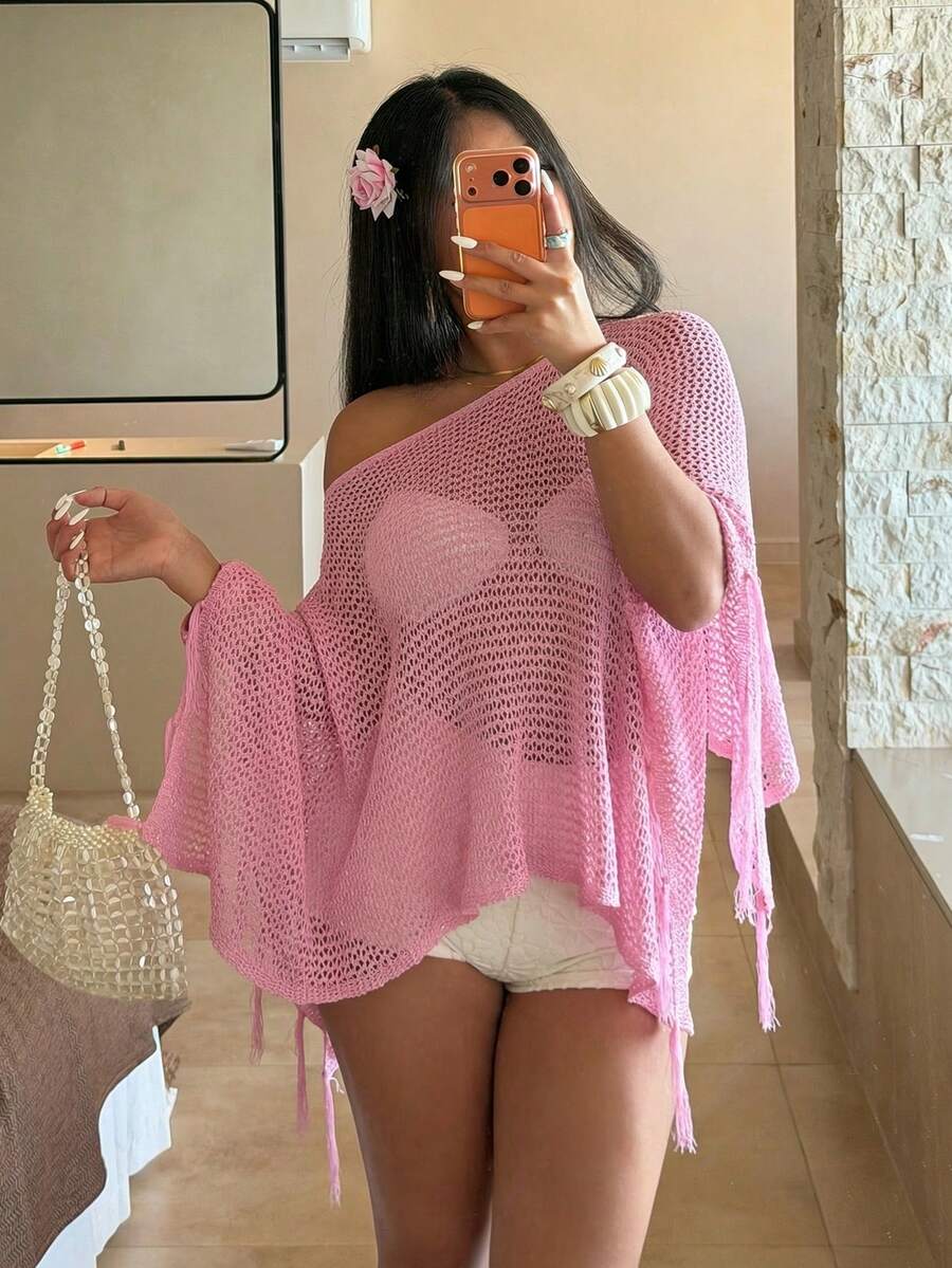 Sunnyshic Women's Pink Beach Cover Up Shiny Top, Sequin Sparkle Cover Up, Sexy Sheer Thin Beach Shirt, Summer Party Fashion Tassel Clothing - Pink - View 1