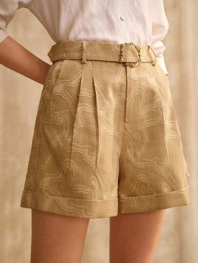 MOTF PREMIUM WOMEN'S APRICOT-COFFEE TEXTURED METAL DECOR JACQUARD BELTED SHORTS