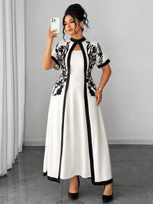 Elenzga Fashionable Casual Vacation Elegant Retro French Style Waist Cinched Floral Print Dress - Apricot - View 4