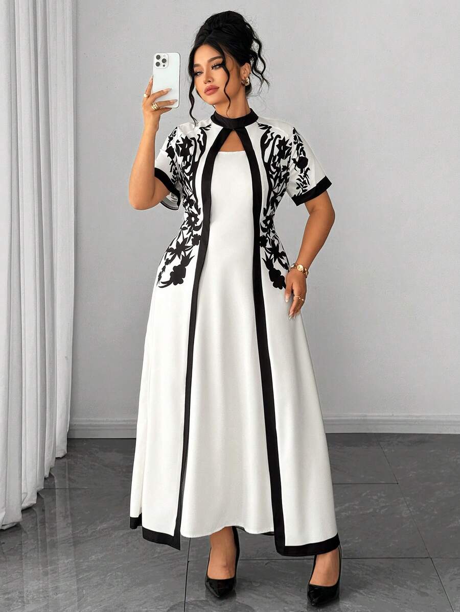 Elenzga 时尚休闲度假优雅复古法式束腰印花连衣裙 - 杏色 - 查看 1